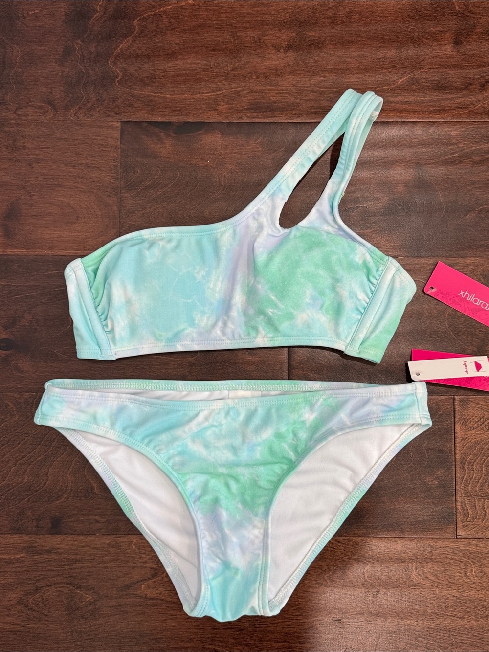 NEW Xhilaration Women’s Bikini Beachy Watercolor One Shoulder, Cheeky bottoms, S